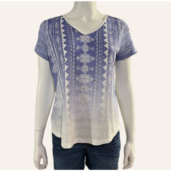 Miss Me White Blue Embellished Short Sleeve Top Tshirt Shirt Size Small - Picture 2 of 10